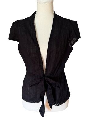 Vintage a.n.a. Black Tie-Front Lace-Trimmed Cap Sleeve Top Coquette/ Boho Vibe